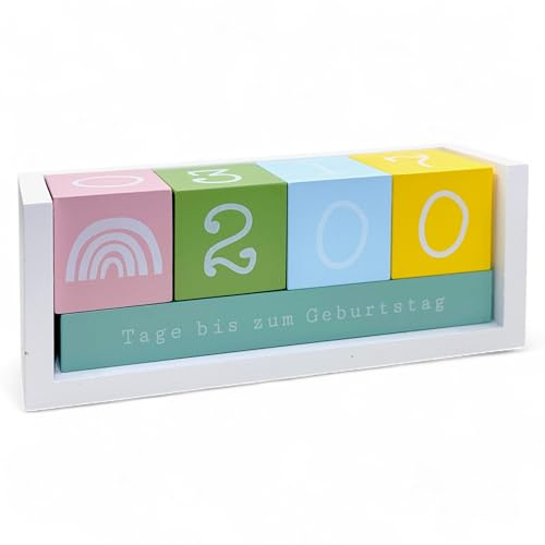 MIK funshopping Holz Countdown Kalender - Jahres-Würfel mit Themenleiste, 432 Tage zählbar - Hochzeit, Geburtstag, Prüfung, Urlaub - vielseitig einsetzbar (Bunt - Kids Edition)