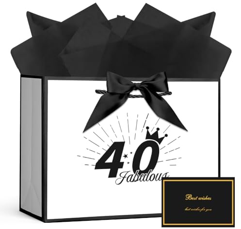 AOOSU Geschenktüte 40 Geburtstag, Papier Geschenktüten mit Schleife + 1 Grußkarten +3 Seidenpapier, Weiß Geschenktaschen Frauen Männer 40th Birthday Gift Bag, Geschenkverpackung für Geschenk Jahrestag