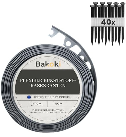 BAKOKI Flexible Rasenkante (10 m | 40 Erdanker | 6 cm Höhe) Grau Kunststoff Wetterbeständige Rasenabgrenzung Beeteinfassung Rund - Blumenbeet Umrandung - Mähkante