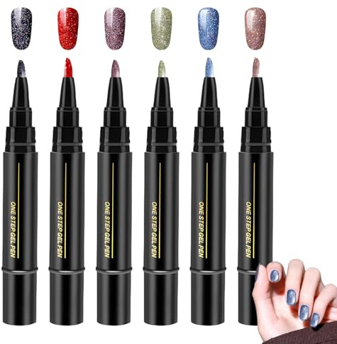 6 Pcs Nail Polish Pens, 3 In1 Glitter Gel Nail Varnish Pens, One Step Quick Dry Nails Polish Pen for Home DIY and Professional Use