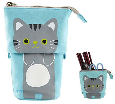 Hillento Teleskop-Bleistiftbeutel, Bleistiftständerhalter, Teleskopkatze-Bleistiftetasche aus Leinenstift-Veranstalter-Schreibwarenbeutel, kleine Kosmetiktasche mit Reißverschluss, blau
