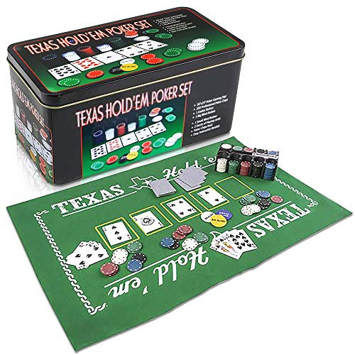 Gamie Texas Holdem Pokerspiel-Set – inklusive Hold'em-Matte, 2 Kartendecks, Chips, Chiphalter und Blech-Aufbewahrungsbox – lustiges Spieleabend-Zubehör – cooles Casino-Geschenk für Kinder & Erwachsene