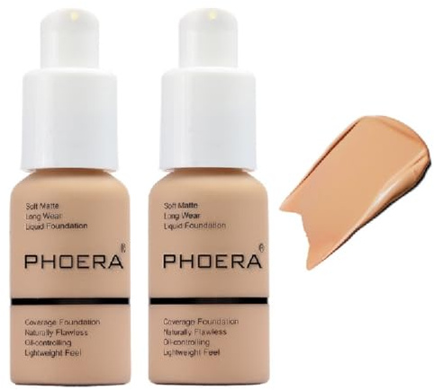 PHOERA Foundation Liquid Concealer Makeup, 104 Buff Beige, 2 Pack