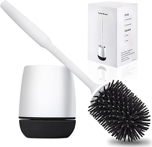 Hulameda Toilet Brush and Holder, Silicone Toilet Cleaning Brush with Quick Drying Holder, 4 x 5.5 Inches, Black & White, (Flooring/Mounted Wall)