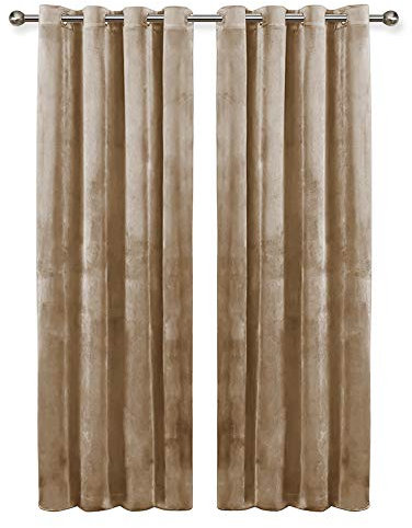 Oxford Homeware Beige Blackout Curtains 90x90 for Bedroom – Crushed Velvet Eyelet Curtains Thermal Insulated + 2 Tie Backs (228cm x 228cm)