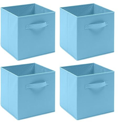 BonChoice Foldable Storage Cubes Boxes Pack of 4 with Handle for Home Organization, Fabric Wardrobe Storage Box Organizer Basket Bins for Clothes Beddings Toys Towels, Collapsible & Durable (Blue, 4)
