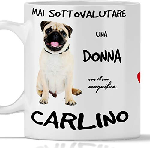 Taza Carlino para desayuno, té, té de hierbas, café, capuchino. Gadget taza Nunca subestimar a una mujer con un perro carlino. Idea regalo original