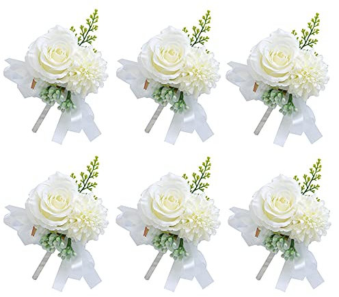 Set mit 6 Rosen Boutonniere für Herren, Hochzeitsblumen mit Anstecknadeln, Jahrestag, formelle Dinner-Party und Abschlussball Dekorationen (weiß)