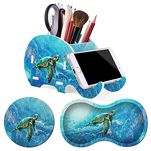 Pencil Holder with Phone Bracket Stand, Cute Elephant Pen Cup Multifunction Storage Pot Organizer Stationery Box with Gel Wrist Rest for Office Accessories Desk Decoration, Blue Sea Turtle