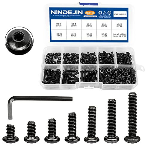 NINDEJIN M3 Button Head Hex Socket Cap Screw Bolt and Nut Assortment Kit, Carbon Steel M3 x 4mm/ 5mm / 6mm/ 8mm/ 10mm/ 12mm/ 16mm/ 18mm/ 20mm Allen Round Head Screws Set with Hex Wrench, Fully Thread