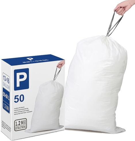 Simplelisa Code P (50 Stück) 50-60 Liter schwere Müllbeutel mit Kordelzug, kompatibel mit Simplehuman Code P | 1,2 mm | weiße Müllbeutel mit Kordelzug, 50-60 Liter