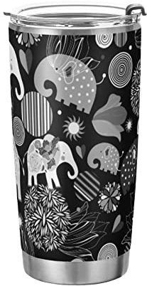 Vintage Enamored Elephants Elephant Circles Flowers on Dark Tumbler with Lid and Straw, BPA-Free Vacuum Insulated Thermal Coffee Mug 20oz,Stainless Steel Double Wall Travel Cup Water Bottle
