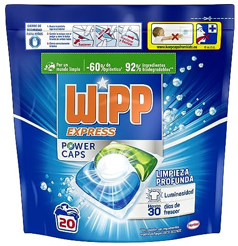 Wipp Express Power Caps Detergente en Cápsulas para Lavadora, 20 Dosis, Limpieza Profunda, Eficaz en Agua Fría