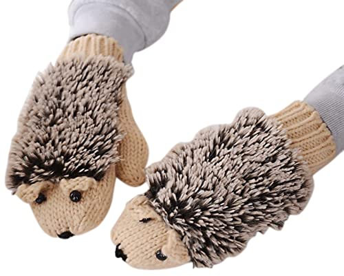 Igel-Karikatur-Baumwollhandschuhe Warme gestrickte Damen-Fleece-dicke Winterhandschuhe Nylon Handschuhe (Beige, One Size)
