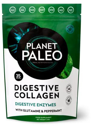 Planet Paleo Digestive Collagen Powder for Gut Health (245g, 35 Servings) Grass-Fed Bovine Collagen Peptides, with Liquorice, L-glutamine and Probiotics, Supports Digestion & Nutrient Absorption, Mint
