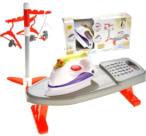 PowerTRC Pretend Laundry Play Set Toy for Toddlers, Ironing Board Toy Set with Realistic Light & Sound Iron, Dryer, Hanger for Kids, Pretend Play for Toddlers 3-5