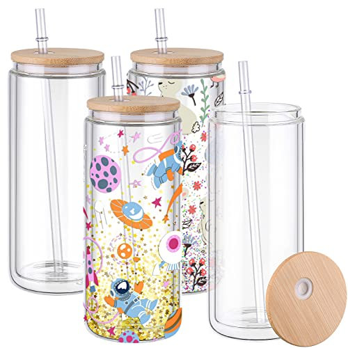 Wyleaves Lot de 4 gobelets vierges en verre de sublimation - 473,6 g - Tasses à café glacé de Noël en verre avec couvercles en bambou et paille - Boba - Boba - Double couche