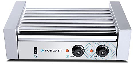 Forgast Parrilla Eléctrica para Salchichas | Máquina de Perritos Calientes | 7 Rollos | Plata | Espacio para 12 salchichas | Acero Inoxidable | Dimensiones 56x33x19 cm | Potencia 1400W