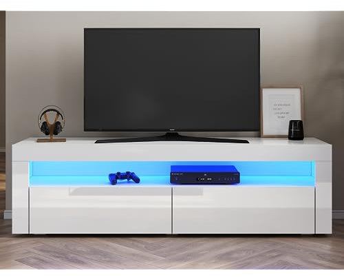 SONNI Mueble TV con Luz LED Regulables de 12 Colores,Mueble de Salón Blanco con Estante de Cristal 155x40x45cm