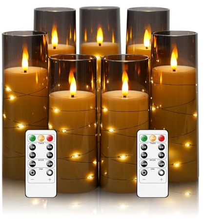Eebuss Flameless Candles with Embedded Star String, Battery Operated LED Pillar Candles with Timer and Remote Control,Home Decorating for Ambiance, Set of 7(Grey)