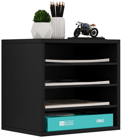 Senhoglb 4 Fächer Aktenablage, Schreibtisch Ordner Organizer Holz, Stapelbar Dokumentenablage für Büro, A4 Aktenhalter, Multifunktionaler Briefablage für Papier, Magazin, Bürobedarf, Schwarz