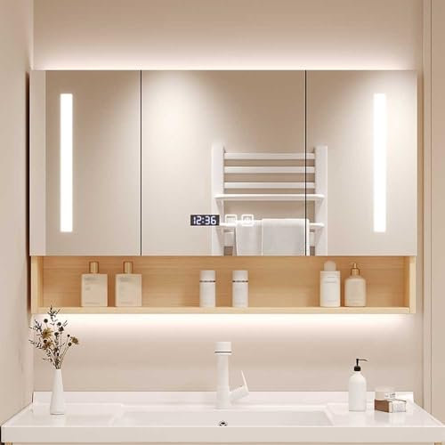UkewEi Armoire de Rangement pour de Salle de Bain, Armoire à Pharmacie avec Miroir, Anti-buée, Lumière LED, 78 * 70 * 12cm Armoire de Toilette Murale (Color : Wood Color, Size : 100cm)