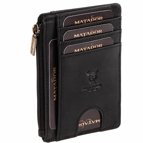 MATADOR Montréal Portefeuille ultra fin avec grand compartiment zippé - En cuir fin et plat - Pour homme et femme - Protection RFID - Étui pour cartes de crédit - Avec boîte cadeau, Noir , Flach,