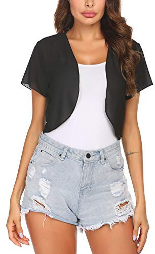 Zeagoo Damen Festlich Bolero Chiffon Elegant Kurzarm Bolerojacke Leichte Einfarbig Sommerjacke Schwarz S