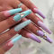 JUSTOTRY 24 Pcs Pale Blue and Purple French Press on Nails Long Designs,Diamond False Nails Coffin,Stick on Nails for Women and Teens,Glossy Ballarina Fake Nail for Nail Art