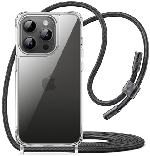 JETech Crossbody Case for iPhone 14 Pro Max 6.7-Inch with Adjustable Lanyard Strap, Clear Transparent Anti-Yellowing Shockproof Protective Phone Cover with Neck Cord (Space Black)