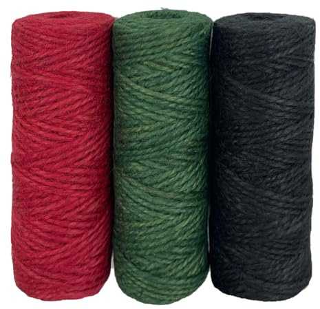Jukway 3 x 50m Jute String Twine 2mm 2Ply Natural Garden Twine, Red Green Black Jute Rope Packing Cord for Crafts, Gift Wrapping, Weddings, Floristry, DIY Decoration, Gardening (3 x 50m/Roll)