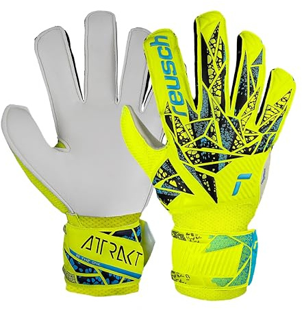 Reusch Attrakt Solid Junior Goalie Gloves, Soccer Goalkeeper Gloves, Breathable, Durable, for Artificial Grass & Hard Surfaces, Kids, Youth, Safety Yellow/Future Blue, Size 5