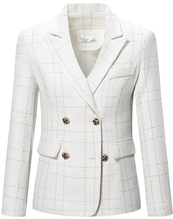 YYNUDA Veste en Tweed Femme Elegant à Manche Longue Blazer Elegant à Carreaux Revers