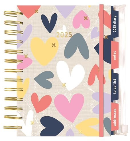2025 Personal Organiser Grey & Multicolour Hearts Design A5 Diary With Dividers Week to View Planner