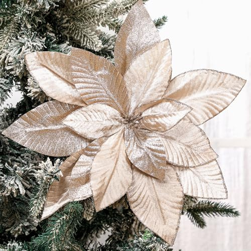4 Pcs 16 Inch Christmas Poinsettias Flowers Extra Large Artificial Glitter Flowers with Stem Velvet Xmas Tree Flowers Christmas Tree Ornaments Faux Poinsettia Flowers Pick for Holiday(Champagne Gold)