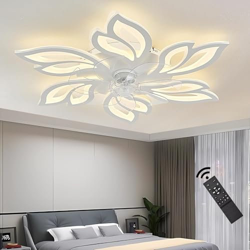 J.SUNUN Plafonnier Ventilateur Design Silencieux Reversible Ventilateurs De Plafond lampe Avec Telecommande Chambre lustre Suspension Luminaire Dimmable 6 Vitesses Led lumiere Blanc Φ65CM