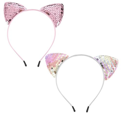 Molain 2 Stück Katzenohren Haarreif, Haarreif Glitzer Katze Ohren Stirnband Pailletten Katze Stirnbänder Katzenohren Haarschmuck für Frauen Mädchen Alltag und Partybedarf, Kostüm Karneval