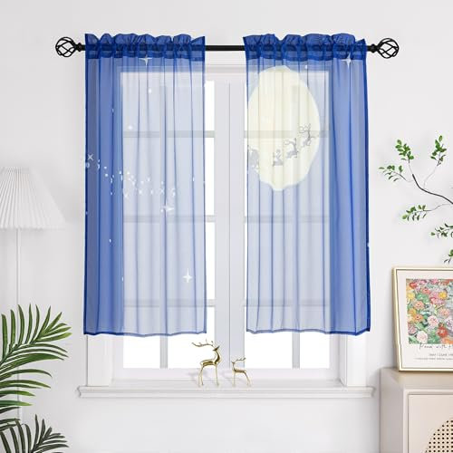Joyswahl Weihnachtsgardine Voile Scheibengardine mit Weihnachten Muster Kurzstores Transparent Küchengardinen Set Bistrogardinen blau mit Mond und Sterne Muster BxH 68x91cm 2 Stücke