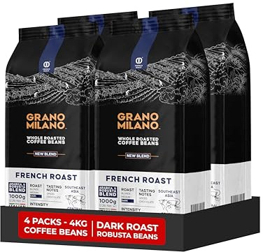 Grano Milano French Roast Coffee Beans 4kg, Extra Strong Dark Roast | Intensity 5/5, Medium-High Bodied, Robusta & Arabica, Southeast Asia & Central Africa Origin, Made in Italy