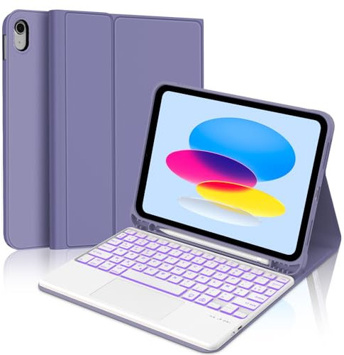 Clavier pour iPad 10 ème - Coque Clavier iPad 10eme Generation, Trackpad Multi-Touch,Rétroéclairage 7 Couleurs, AZERTY, (Fumigation Violet)