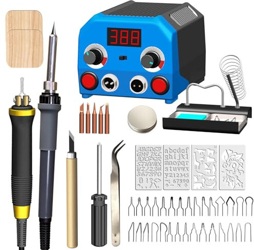 Holzbrenner-Set, Holzbrennwerkzeugstift, Brandmalerei-Werkzeug, Holzbrennstift-Set, Station, 2-in-1, Festpunkt, 100–700 ℃, verstellbar, 110 W LCD-Digital-Lötkolbendose mit 30 Spitzen, 2 Brandmalstifte