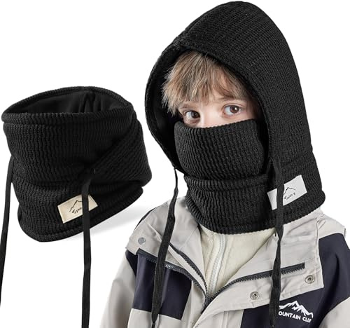 AYPOW Kinder Winter Thermo Fleece Sturmhaube Mütze Kapuze 4-10 Jahre, Multifunktionale Winddichte Warme Gesichtsmaske Skimaske, Strick Fleece Wintermütze Halswärmer Schal für Jungen Mädchen Outdoor