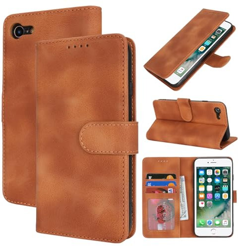Zouzt Hülle für iPhone SE 2022/2020, 8/7 4,7-Zoll, Stoßfestes PU Leder Handyhülle Lederhülle Klapphülle mit Kartenhalter und Standfunktion Flip Leather Wallet Phone Cover (Vintage Hellbraun)