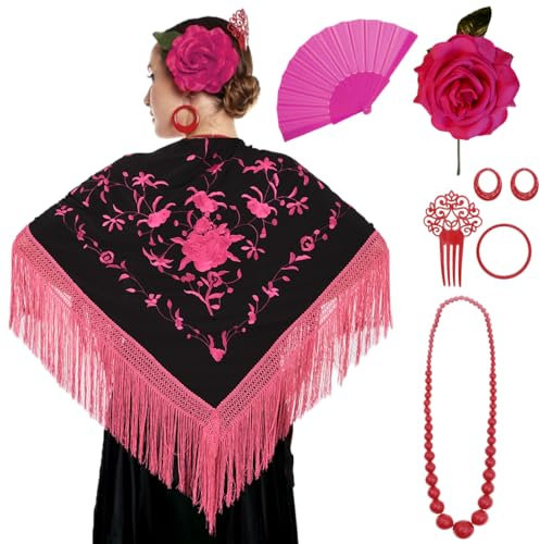 Manton de Manila Mujer Flamenca, Manton Bordado+Rosa Flamenca para el Pelo+Abanico Flamenco+Peineta Flamenco (Accesorio Flamenco Feria de Abril, Manton Negro Bordado Fucsia, Adulto)