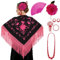 Manton de Manila Mujer Flamenca, Manton Bordado+Rosa Flamenca para el Pelo+Abanico Flamenco+Peineta Flamenco (Accesorio Flamenco Feria de Abril, Manton Negro Bordado Fucsia, Adulto)