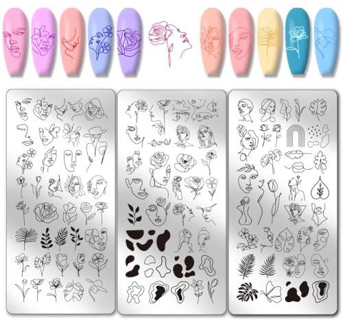 PH PandaHall 3pcs Abstrakte Gesichter Nail Art Schablonen, Abstrakte Blumen Blätter Nagel Stamping Platte Linie Frau Gesicht Kunst Schablonen Edelstahl Bild Platten für Frauen Nageldesign