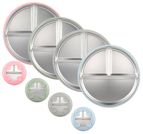Cosmeria 4 pièces Assiette pour Enfant avec Ventouse, Assiette bébé en Acier Inoxydable avec Compartiments, sans BPA, pour bébés et Tout-Petits, Résistant au Lave-Vaisselle et incassable