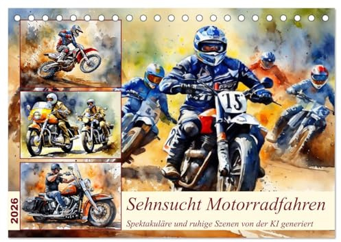 Sehnsucht Motorradfahren (Tischkalender 2026 DIN A5 quer), CALVENDO Monatskalender: Wunderschöne KI generierte Aquarelle (CALVENDO Sport)
