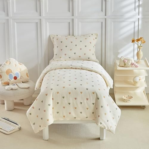 JHCHMX Cot Bed Duvet Cover Set,Beige Star Pattern Toddler Bedding Set For Girls,Soft Reversible Duvet Cover with Pillowcase Kids Bedding Set-120x150cm