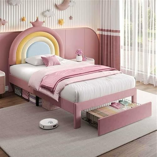 BTM Upholstered Single Bed with Drawer and Adjustable Rainbow Headboard, Soft Velvet Single Bed Frame with Storage Drawer, Stylish Rainbow Headboard with Crown, 3ft-90x190cm, Pink (No Mattress)